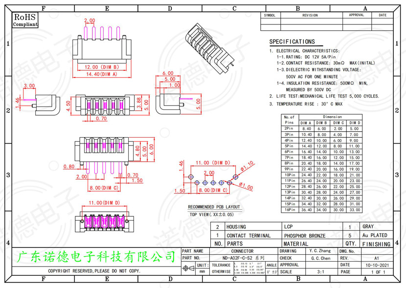 型号ND-A02M-R1笔记本电池连接器尺寸图