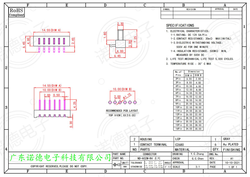 型号ND-A02M-R4笔记本电池连接器尺寸图