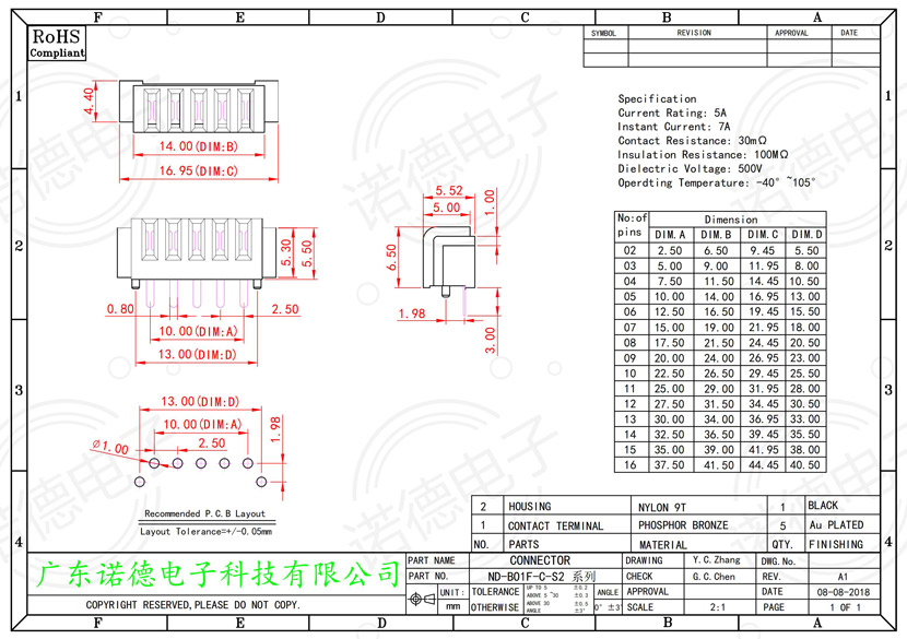 型号ND-B01F-C-S2系列笔记本电池连接器尺寸图