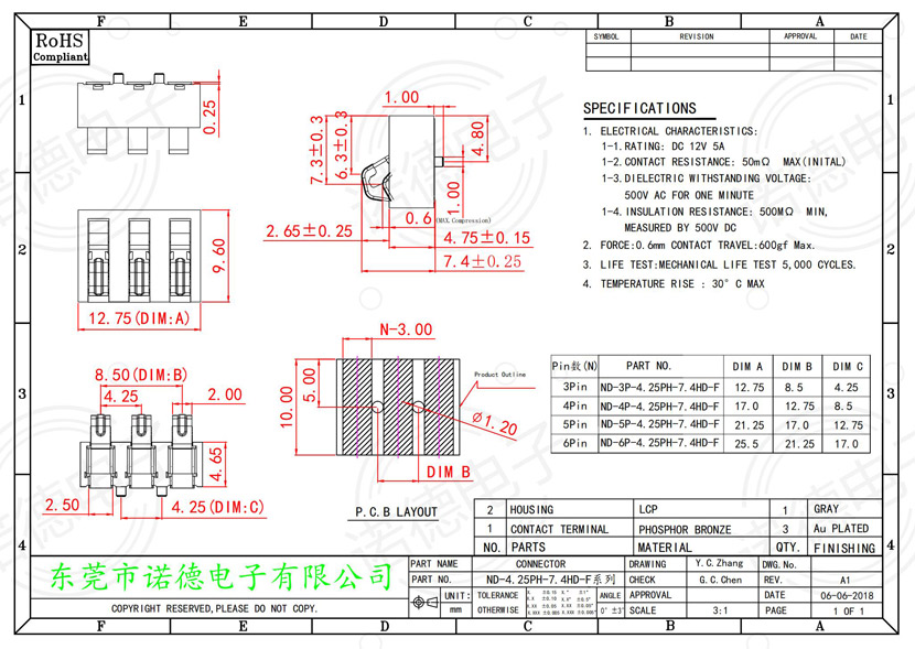 型号ND-4.25PH-7.4HD-F弹片电池连接器尺寸图